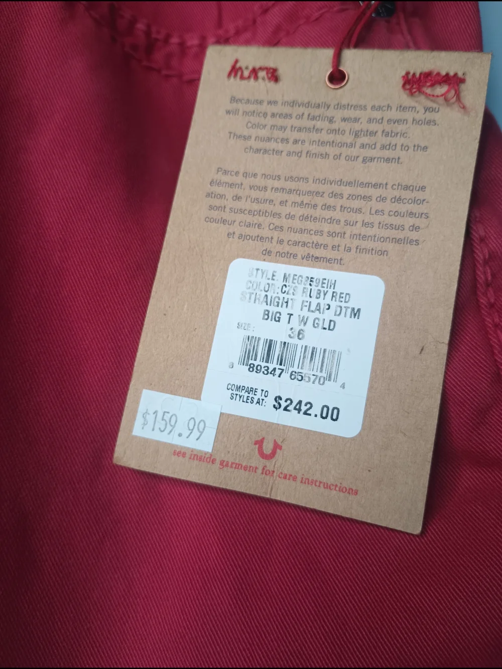 True Religion Straight Flap DTM Big T W GLD Ruby Red Size 36